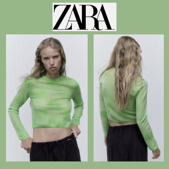 NWT Zara Long Sleeves Green Sheer Floral Top - Picture 1 of 11